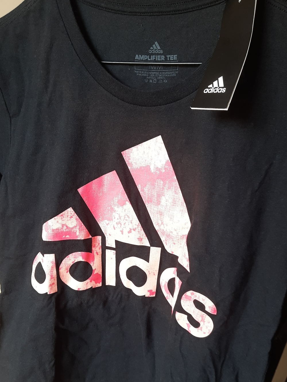 adidas Black Tee with Pink Fade Logo - Kids Short Sleeve